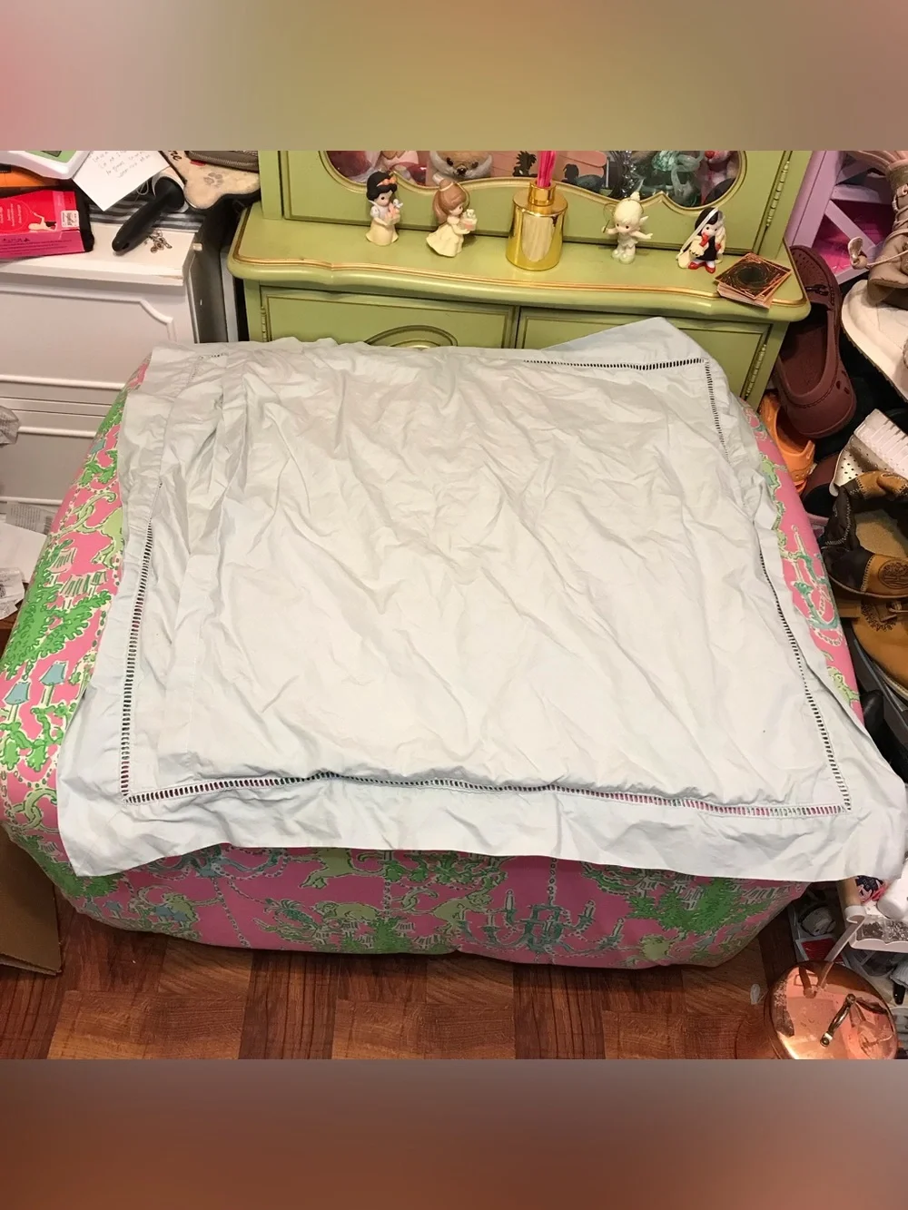 Pottery Barn White Euro Sham with lights teal Ladder Stitch Trim